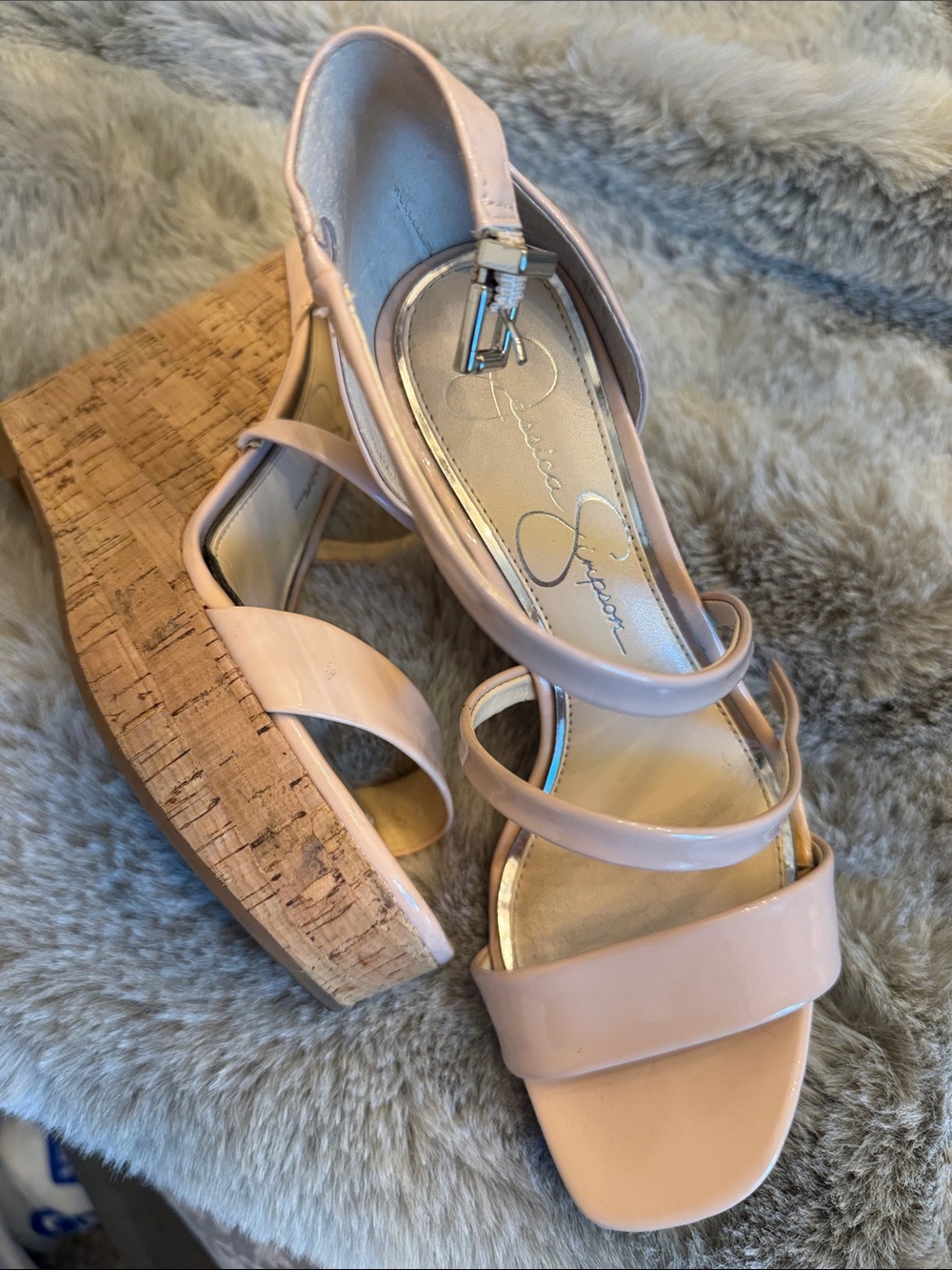 Jessica Simpson Pastel Pink Patent Cork Wedge Strappy Sandals